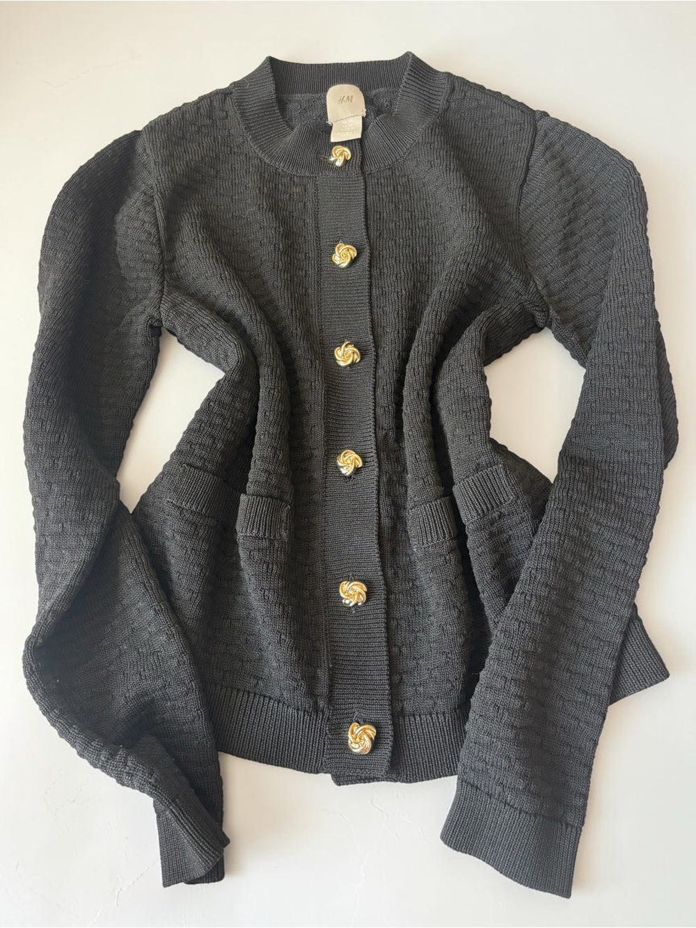 H&M Black Textured Knit Peplum Cardigan Gold Button Sweater Preppy XS